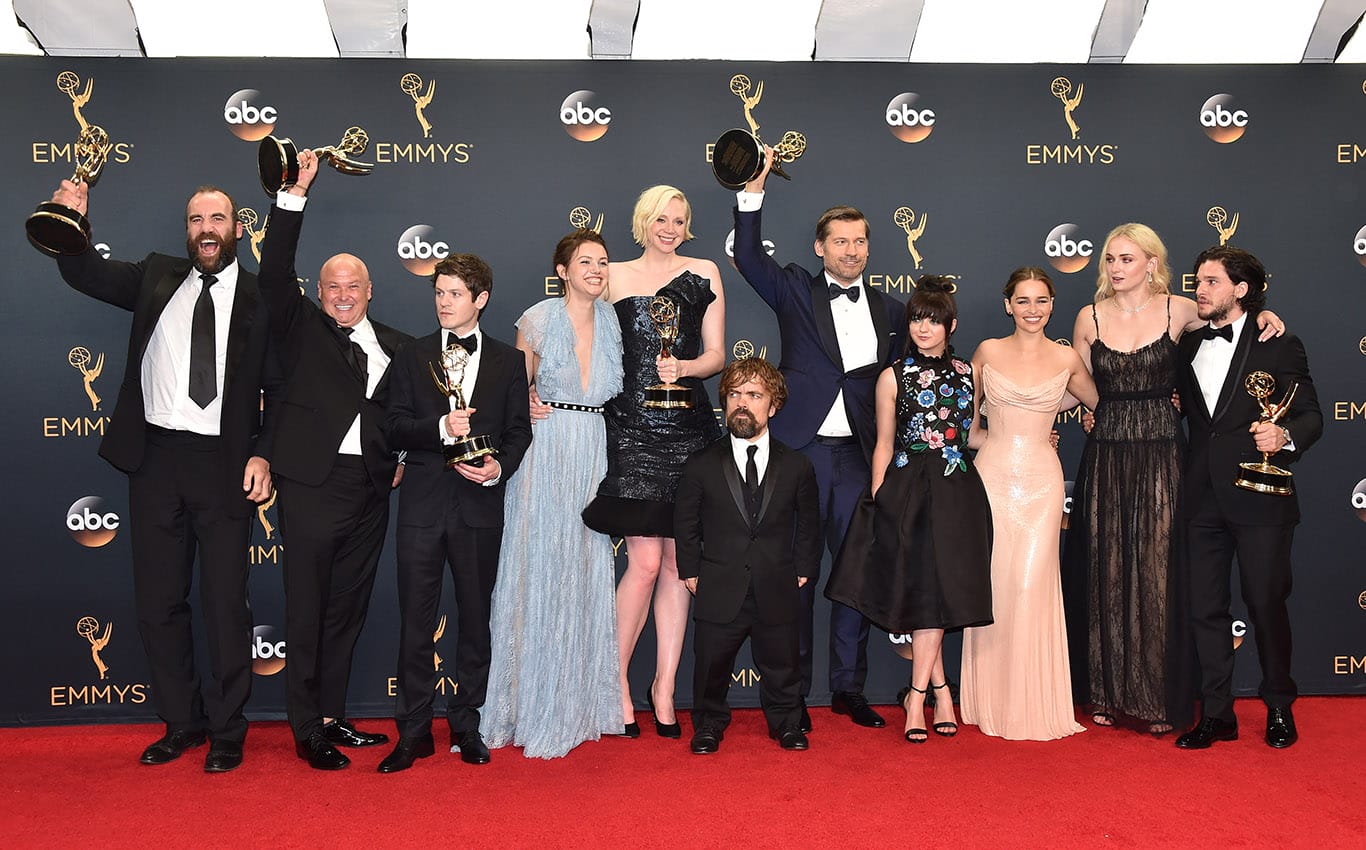 Actors Rory McCann, Conleth Hill, Iwan Rheon, Gwendoline Christie, Peter Dinklage, Nikolaj Coster-Waldau, Maisie Williams, Emilia Clarke, Sophie Turner and Kit Harington, winners of Best Drama Series for 'Game of Thrones', pose in the press room during the 68th Annual Primetime Emmy Awards at Microsoft Theater on September 18, 2016 in Los Angeles, CA, USA. Photo by Lionel Hahn/ABACAPRESS.COM