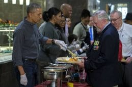US President Barack Obama and First Lady Michelle Obama serve Thanksgiving dinner to residents at the Armed Forces Retirement Home in Washington, DC, on November 24, 2016. Pool photo by Shawn Thew/UPI Photo via Newscom