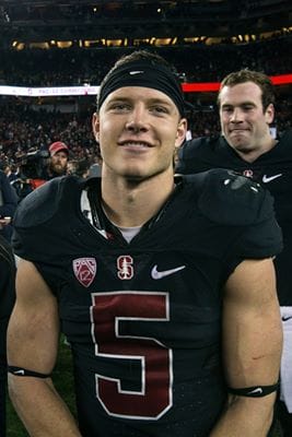 SANTA CLARA, CA - DECEMBER 05: Running back Christian McCaffrey #5 of the Stanford Cardinal celebrates after the Pac-12 Championship game against the USC Trojans at Levi's Stadium on December 5, 2015 in Santa Clara, California. The Stanford Cardinal defeated the USC Trojans 41-22. (Photo by Jason O. Watson/Getty Images)